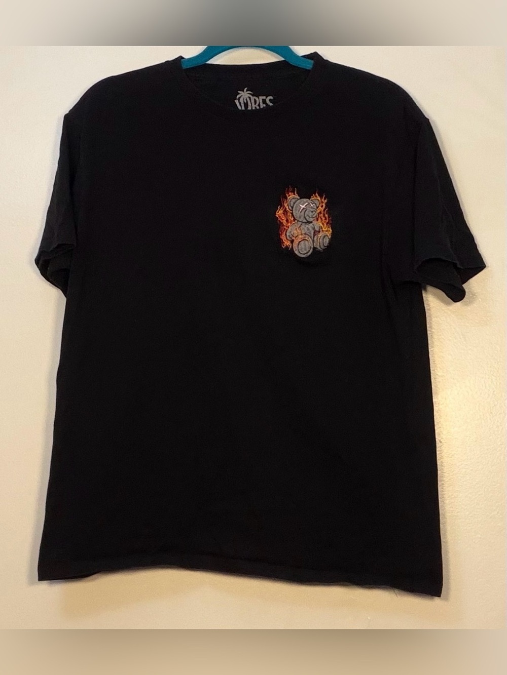 Vibe Black Short-Sleeve Tee with Flaming Teddy Chest Patch